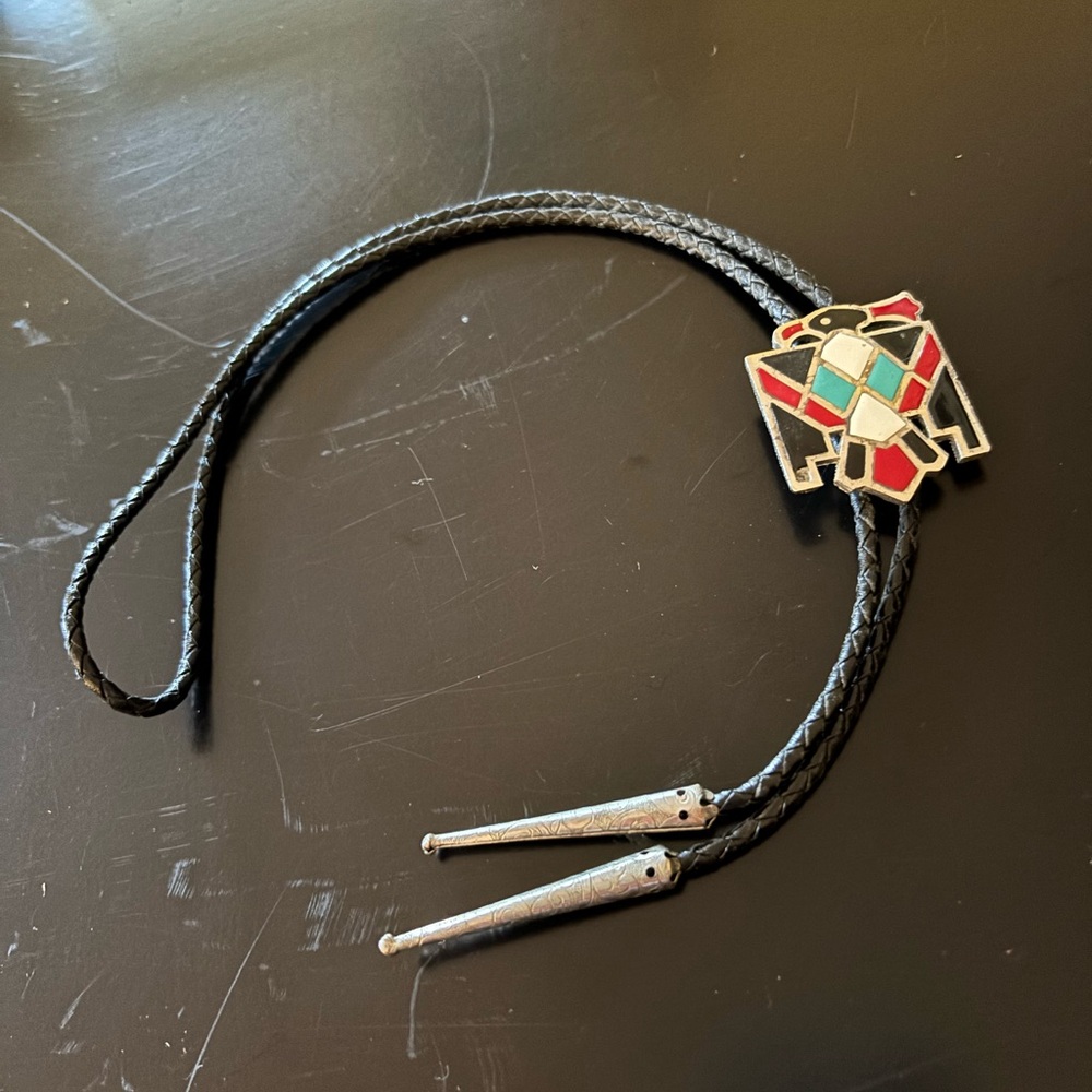 Black Leather Bolo Tie with Colorful Thunderbird Pendant 16” 1/2 length